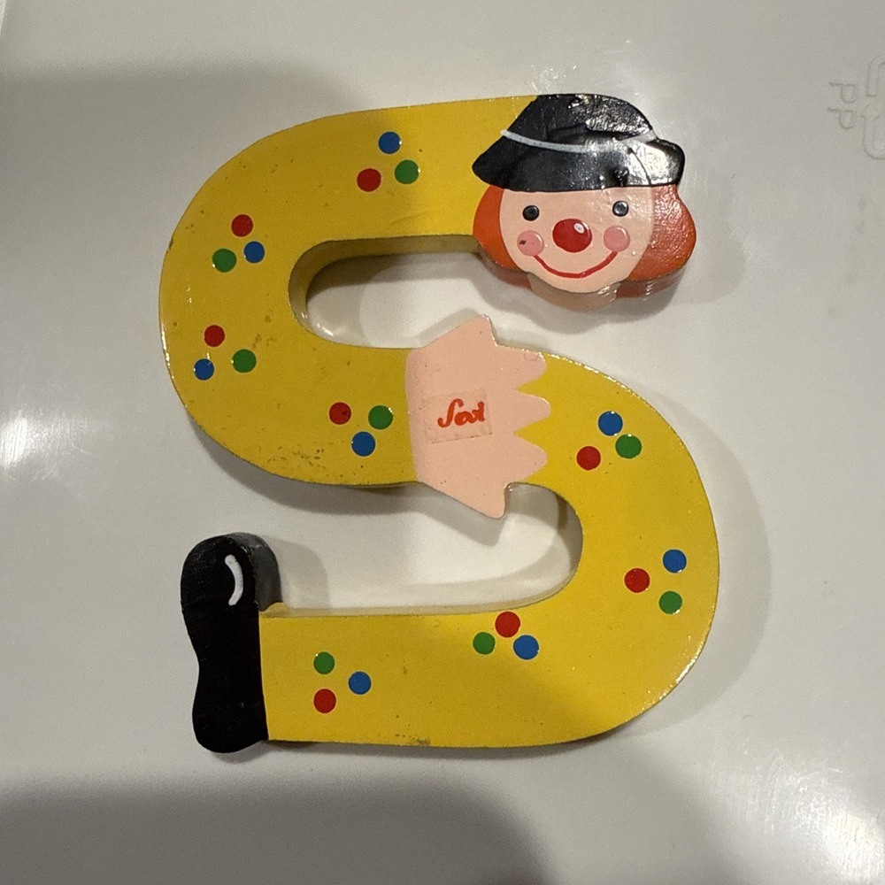 Vtg Sevi‎ Clown Child Kids Alphabet Wooden Letter S Personalized Decor Yellow